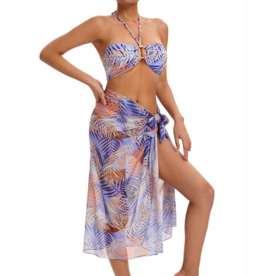 Яркий полый купальник бикини с рисунком кленовых листьев Sexy Halter 3 шт.